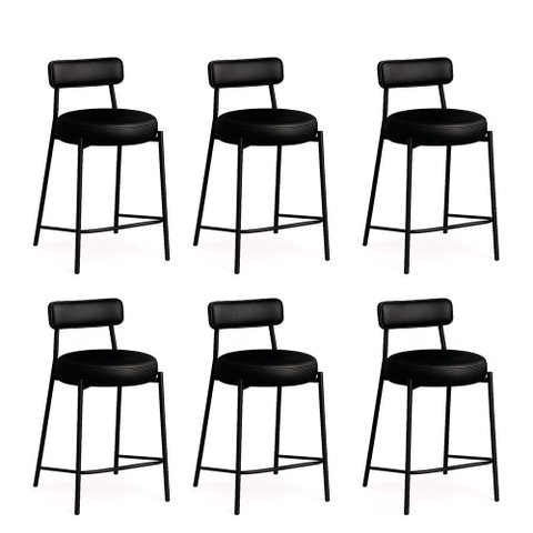 Banqueta de Cozinha Baixa com Encosto Industrial em Aço Kit 6 Londres Pu D03 - D’Rossi