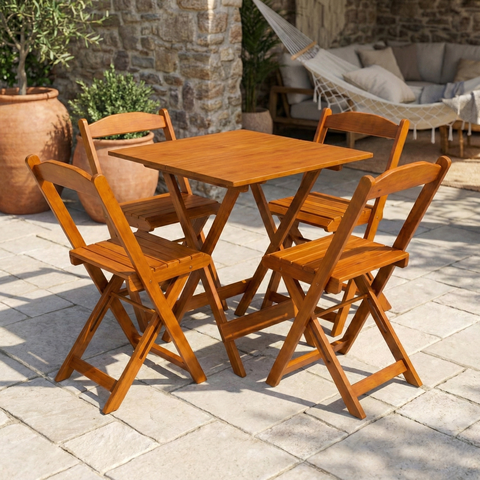 Conjunto Mesa Dobrável Área Externa 70x70cm com 4 Cadeiras Madeira Maciça Mel