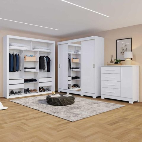 Conjunto para Quarto Guarda Roupa Cômoda e Closet Branco Amoudi Móveis