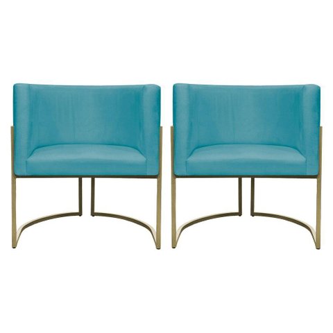 Kit 2 Poltronas Decorativa Recepção Luna Suede Cores Base de Ferro Champagne Azulturquesa Suede