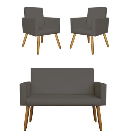 Kit Sofá Namoradeira + 2 Poltrona Decorativa Tecido Courino Cor:Courino Cinza