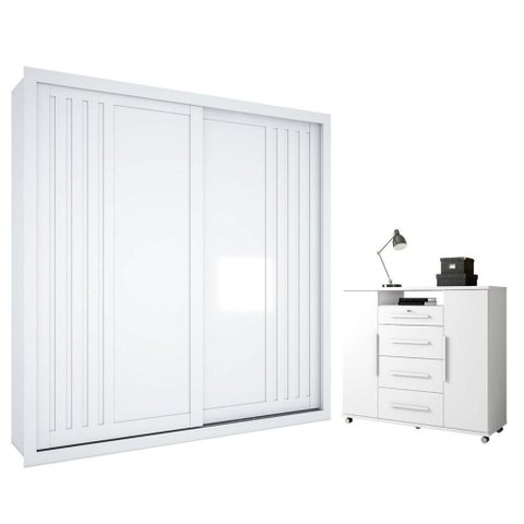 Guarda Roupa Casal Versalles Branco Absoluto 2 Portas e Cômoda Sapateira Versátil 4 Gavetas Branco
