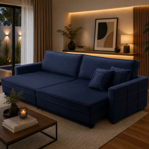 Sofá Cama Reclinável 2,30m com Molas Karla Veludo Azul
