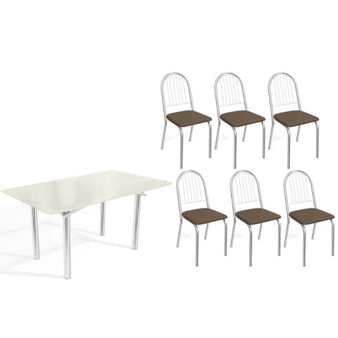 Conjunto: Mesa Sala Jantar Elba Tampo Madeirado C/ Vidro 160cm e 6 Cadeiras Noruega Cromada/off