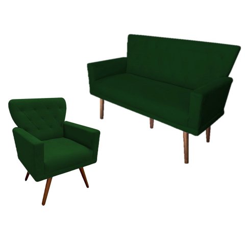 Kit Namoradeira + 1 Poltrona Decorativa Aurora Suede Verde Pés Madeira Ms Decor