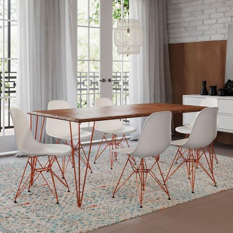 Conjunto de Mesa de Ferro Cobre Tampo Amêndoa 135x75 6 Cadeiras Cobre Assento Branco