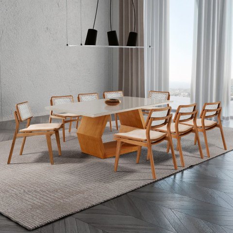 Sala de Jantar Mesa Ane 220cm Tampo Laqueado com Vidro Canto Moeda e 8 Cadeiras Eva Premium