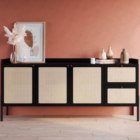 Buffet Retrô com Tela Sintética 3 Portas e 2 Gavetas 183cm Cor:nero