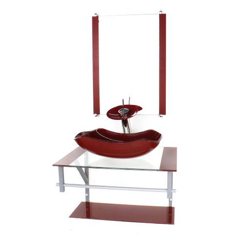 GABINETE DE VIDRO PARA BANHEIRO 60CM AC CUBA ABAULADA VERMELHO CEREJA COM TORNEIRA CASCATA