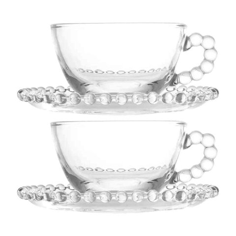 Jogo 2 Xícarasde Chá com Pires Cristal Transparente Pearl Pérola 180ml Wolff
