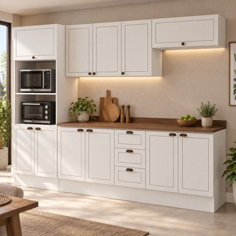 Cozinha Completa Modulada 5 Módulos Americana Provençal com Pés e Rodapés e Tampo Conecta Branco