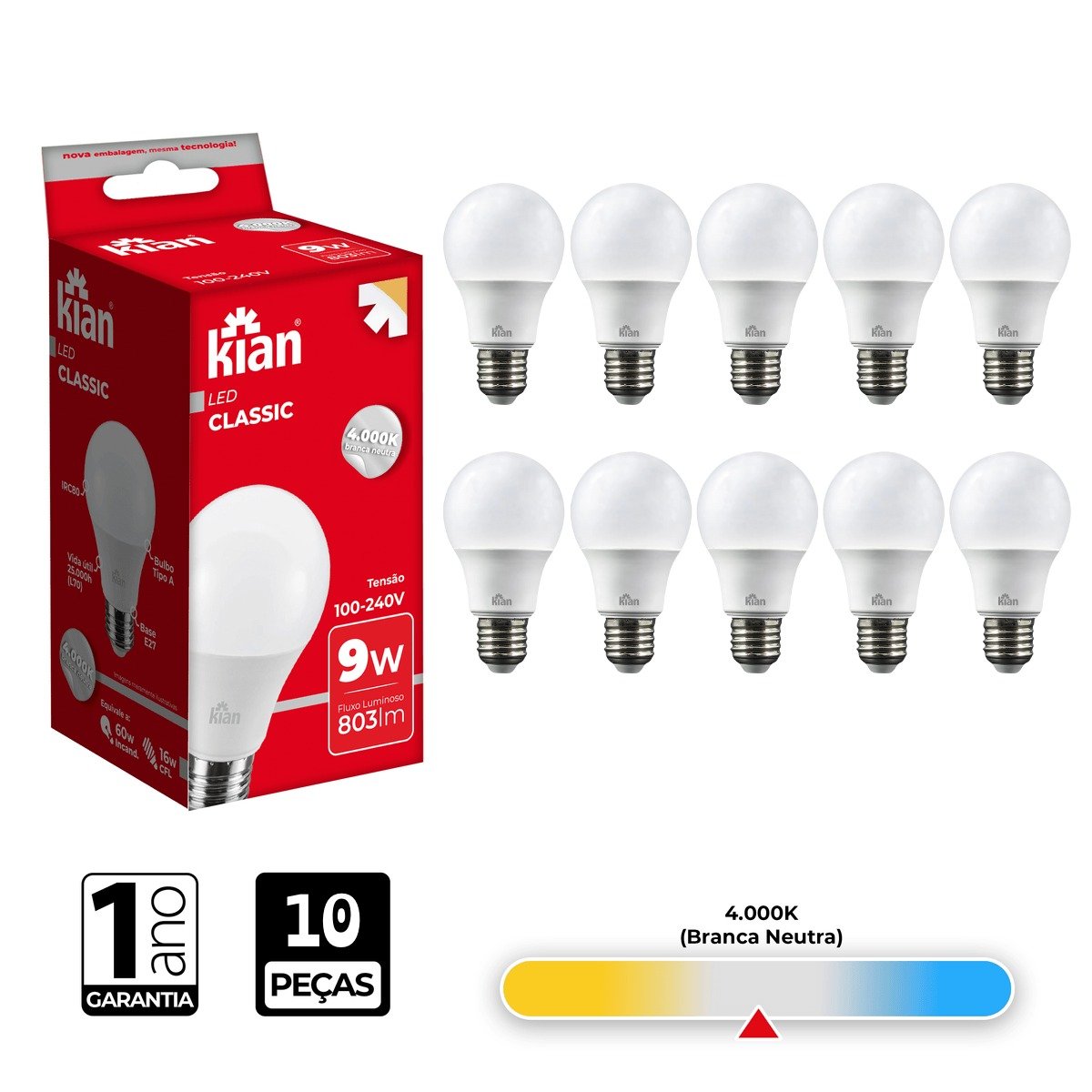 Lâmpada Led Bulbo Kian 9w 4000k Branca Neutra 10 Peças - 2