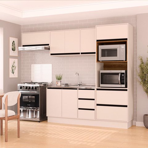 Cozinha Koya 4 Peças 270x214cm Armários Aéreos Balcão Torre Quente c/ Rodapé Creme 250035