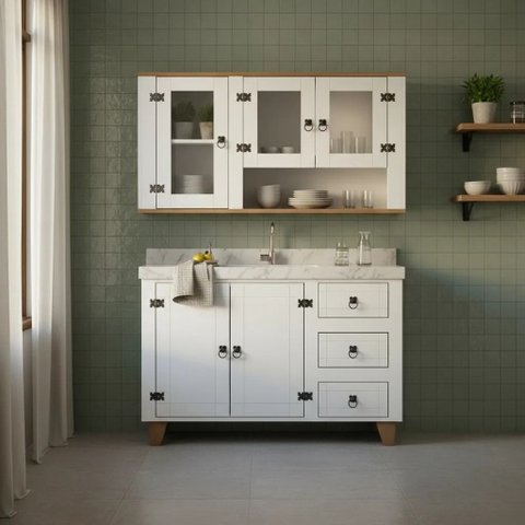 Kit Armário de Cozinha Aéreo e Balcão Madeira Maciça Branco