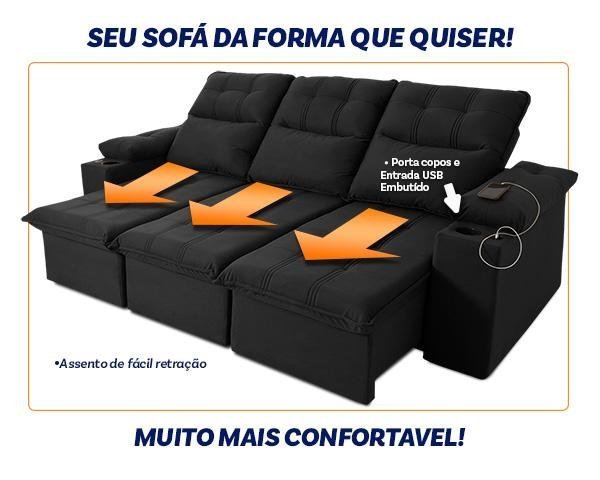 Sofá Retrátil Reclinável Verona Usb + Porta Copo 2,30m Suede Velut Preto C/ Molas no Assento - - 5