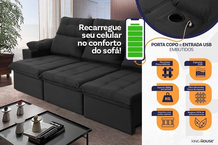 Sofá Retrátil Reclinável Verona Usb + Porta Copo 2,30m Suede Velut Preto C/ Molas no Assento - - 3