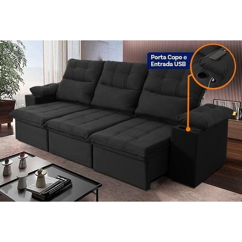 Sofá Retrátil Reclinável Verona Usb + Porta Copo 2,30m Suede Velut Preto C/ Molas no Assento -