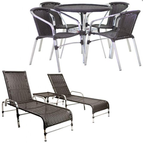 Kit 4 Cadeiras e Mesa Tampo 2 Espreguiçadeiras e Mesa Preto