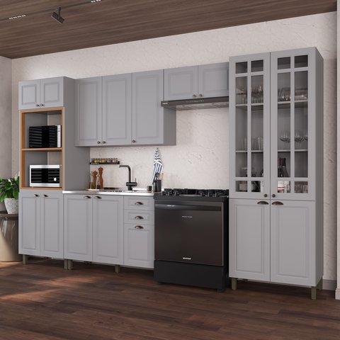 Cozinha Modulada 5 Peças Torre Quente Cristaleira Balcão sem Tampo 2 Aéreos 100% MDF com Vidro Bari Cinza/Titanio Fosco