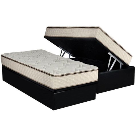 Cama Box Baú Solteiro: Colchão Molas Luckspuma Bonnel Montreal Spring + Base Crc Courano Black(
