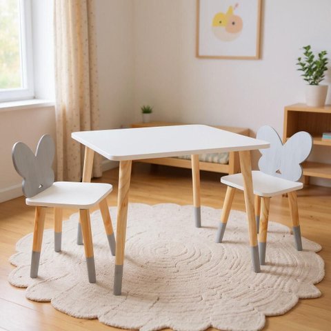 Mesa e 2 Cadeiras Infantil Borboletinha Kit Livro Educativo em Madeira - Cinza