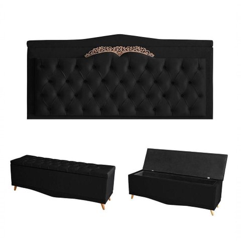 Kit Barcelona Cabeceira de Cama Painel e Calçadeira Baú King 195 Cm Suede Preto do Lar Móveis e
