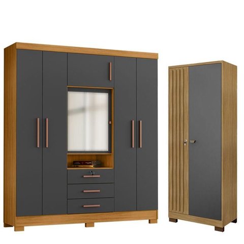 Guarda Roupa Casal Imperial e Armário Multiuso Versatile Carvalho Americano Grafite - Incorplac