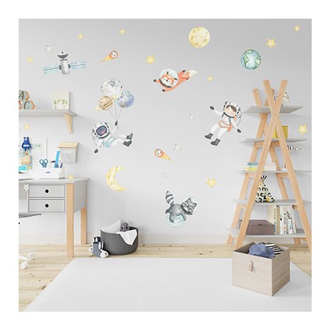 Adesivo Astronautas com Planetas em Aquarela Adesivos Primeiro Quarto 1