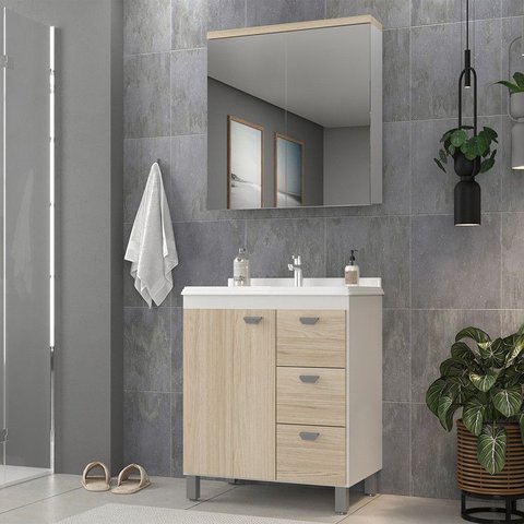 Gabinete de Banheiro 65cm com Lavatório e Armário Ref 690 Cewal - Branco/carvalho Berlin
