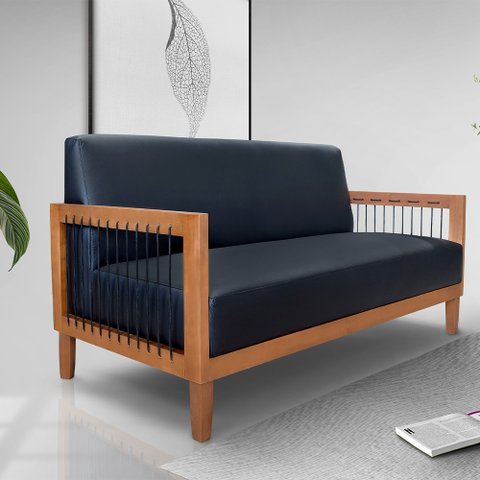 Poltrona Namoradeira Sala de Estar Pés Madeira Maciça Corda Náutica Preta 160cm Manila PU Preto G63 