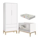Ver imagem 1 de Berço Americano e Guarda Roupa 2 Portas New Classic Branco com Pés Madeira Natural e Colchão