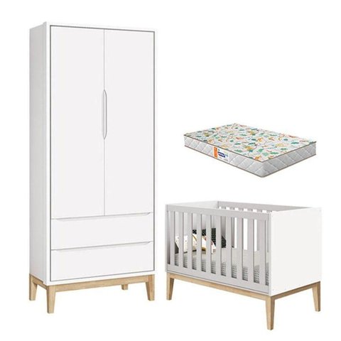 Berço Americano e Guarda Roupa 2 Portas New Classic Branco com Pés Madeira Natural e Colchão