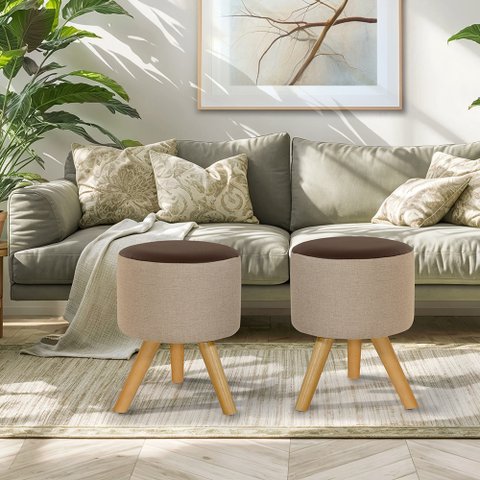 Kit Conjunto 02 Puff Duna Redondo Pé Palito Banqueta para Os Pés Decorativa Estofada(bege Claro/marr