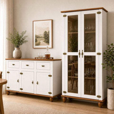 Kit Aparador Buffet 130cm com Cristaleira 2 Portas Vidro Alegra S05 Off White Nogueira - Lyam Decor