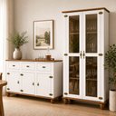 Ver imagem 1 de Kit Aparador Buffet 130cm com Cristaleira 2 Portas Vidro Alegra S05 Off White Nogueira - Lyam Decor