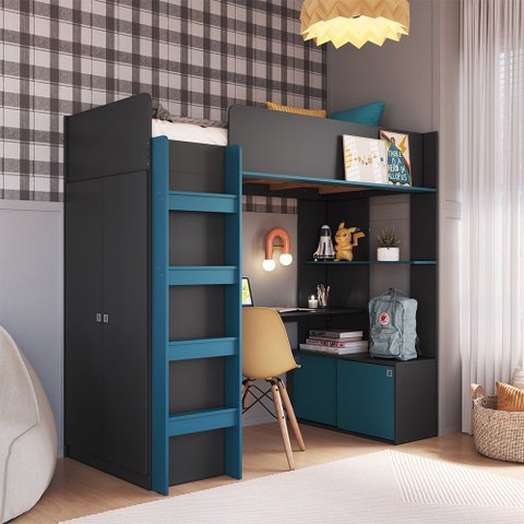 Cama Elevada Multifuncional com Armário e Escrivaninha Bi030 Infanto Grafite Azul Completa Móveis