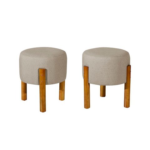 Kit com 2 Puff Luxo Redondo com Pés de Madeira Conforto e Sofisticação - Bege