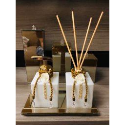 Kit Lavabo Sabonete Difusor Dourado Branco Cotonete Algodão - 1