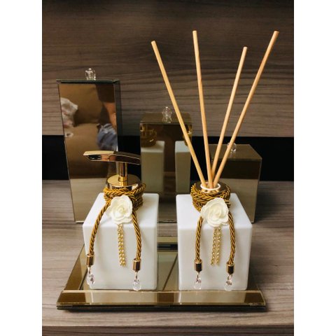 Kit Lavabo Sabonete Difusor Dourado Branco Cotonete Algodão