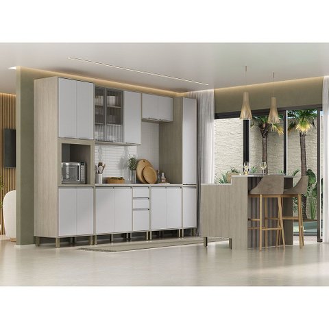 Cozinha Completa 6 Peças com Tampo, Vidro e Bancada Ilha Art Luciane Móveis