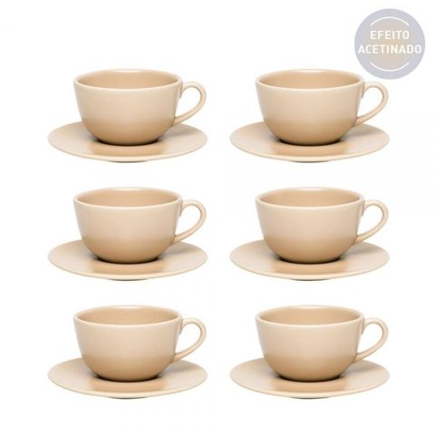 Conjunto de Chá com Pires 6 Peças 200ml 14 Cm Unni Merengu Bege Oxford