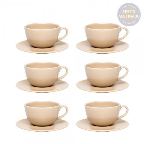 Conjunto de Chá Com Pires 6 Peças 200ml 14 cm Unni Merengu Bege Oxford
