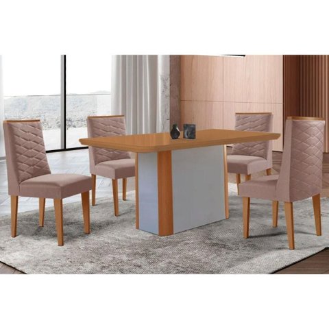 Sala Jantar Mesa Pietá Tampo Curvo 120cm+4 Cadeiras Dafne Madeira Naturale/off White - Capuccino/