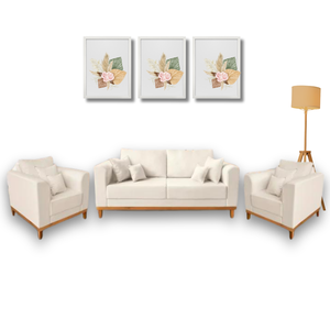 Conjunto de Sofá Beny 3 Peças Cru, 1 Sofá 1,80m e 2 Poltronas, Tecido Linho.
