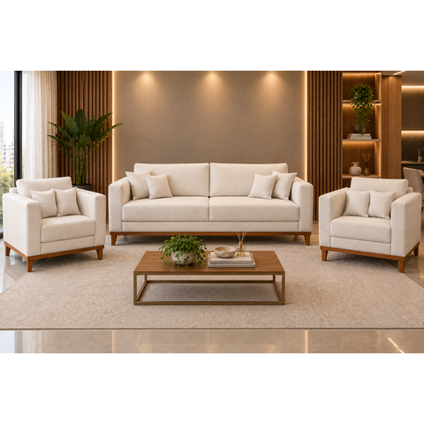 Conjunto de Sofá Beny 3 Peças, 1 Sofá 1,80m e 2 Poltronas, Tecido Linho.