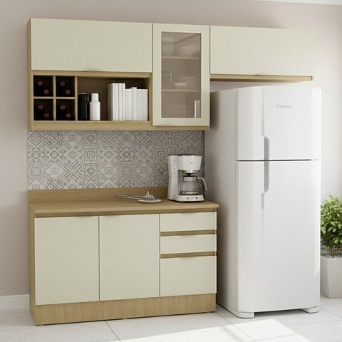 Cozinha Modulada 5 Peças 2 Aéreos 1 Balcão 120cm com Rodapé e Tampo Bege/Nature