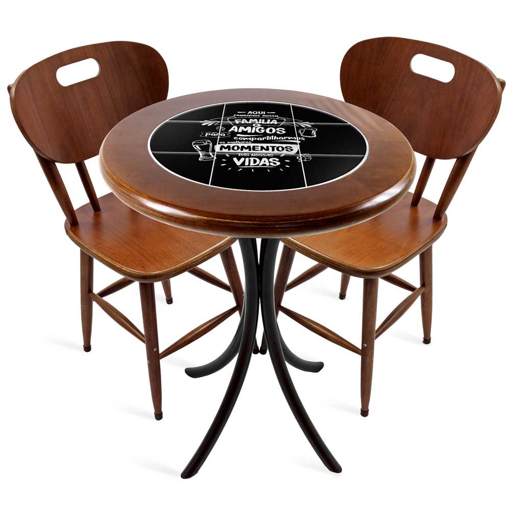 Cj Mesa Madeira Azulejo 60cm - Bistrô Fixa 78cm + 2 Cadeiras 43 - Natural - Família e Amigos