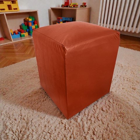 Puff Banqueta Quadrado Cubo Decorativo Courino e Suede Laranja Courino