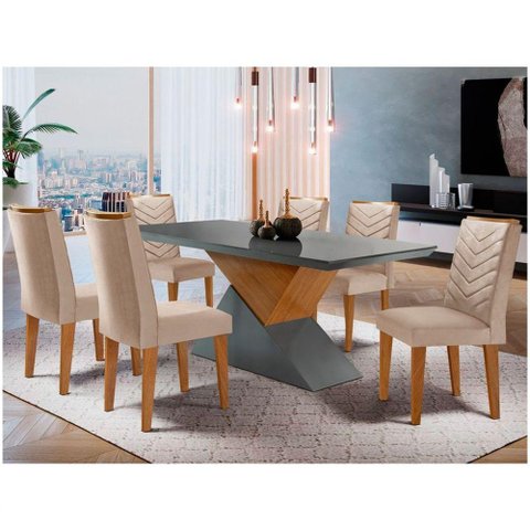 Mesa Aster 180 Tampo Em Mdf Canto Reto Com 6 Cadeiras Liz Moderna Creme, Grafite E Imbuia