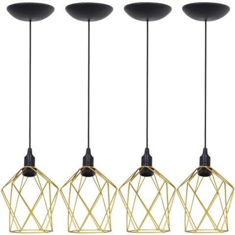 4 Pendentes Aramado Cálice P Luminária Lustre Teto Retrô Vintage Industrial Balcão Dourado